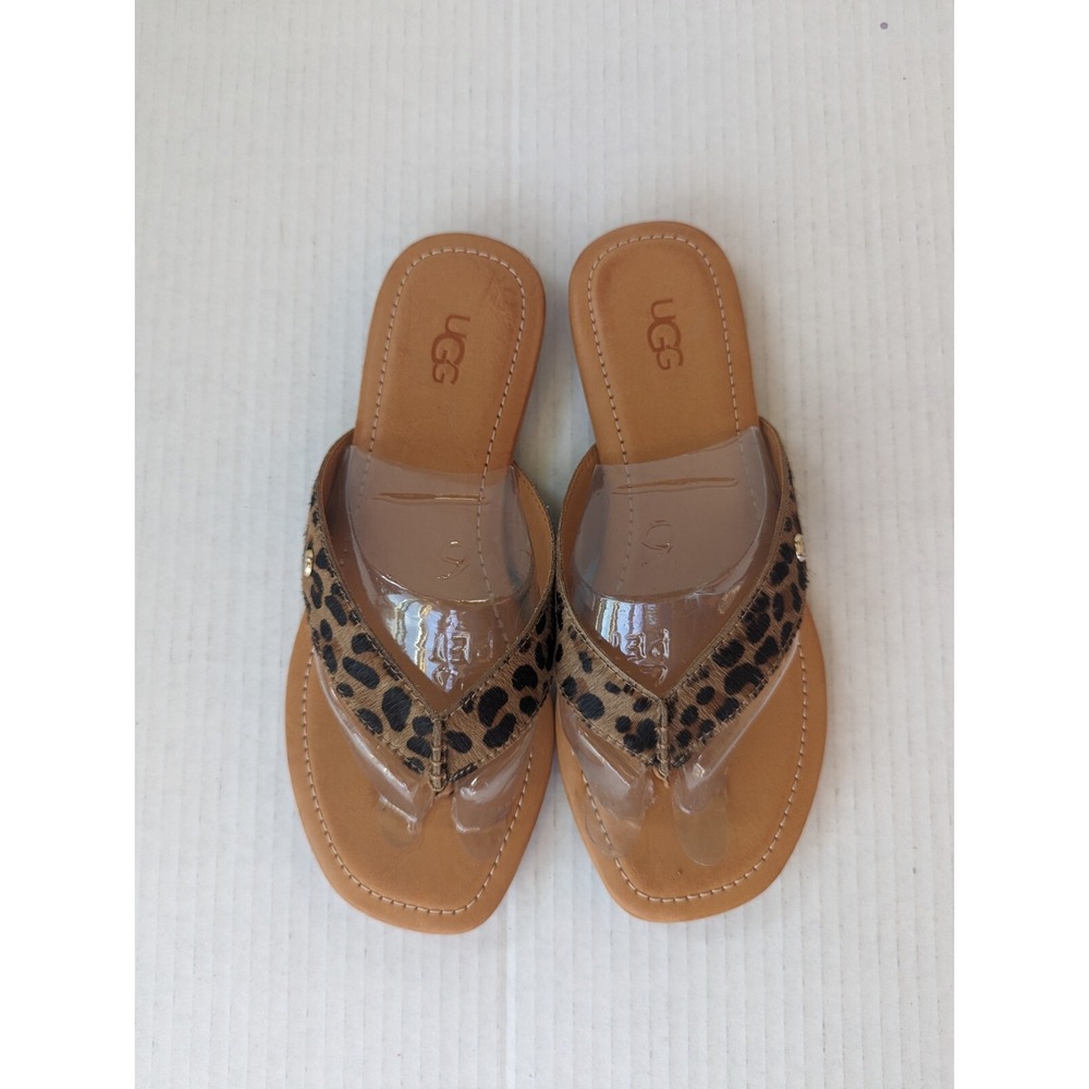 UGG Women's 6.5 Leather Tuolumne Real Cow Fur Thong Sandals Tan Brown Print New - Picture 2 of 7